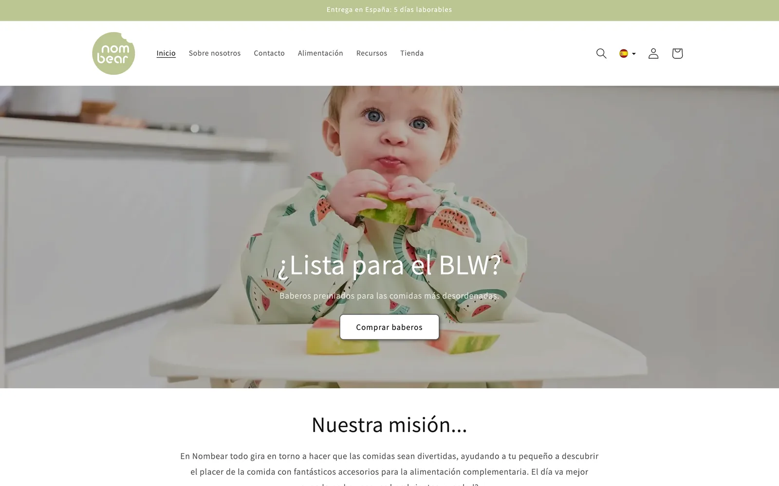 Web de Nombear en ordenador: un bebé comiendo sandía sobre el titular «¿Lista para el BLW?»