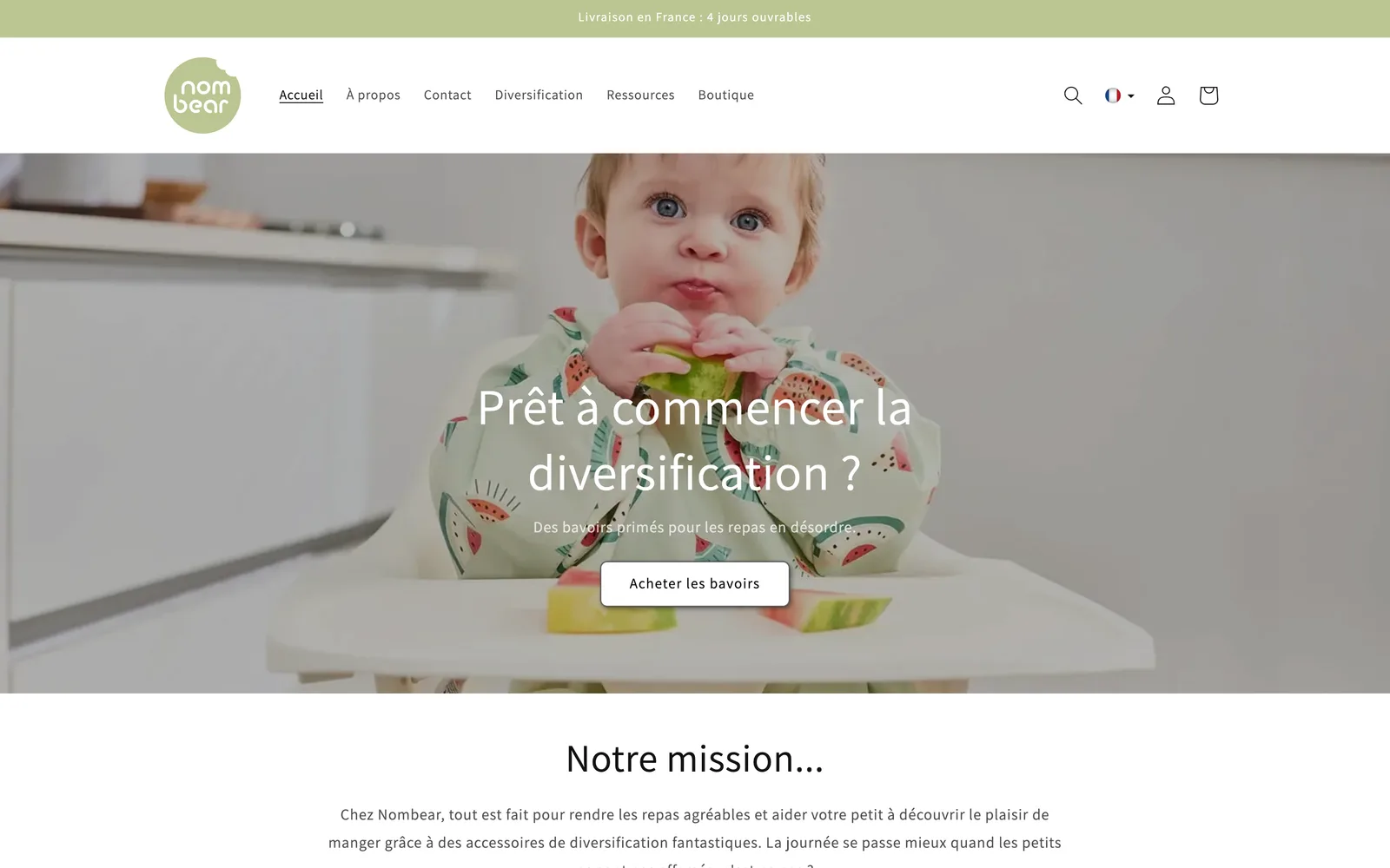 Site web de Nombear sur ordinateur : un bébé qui mange de la pastèque, au-dessus du titre « Prêt à commencer la diversification ? »