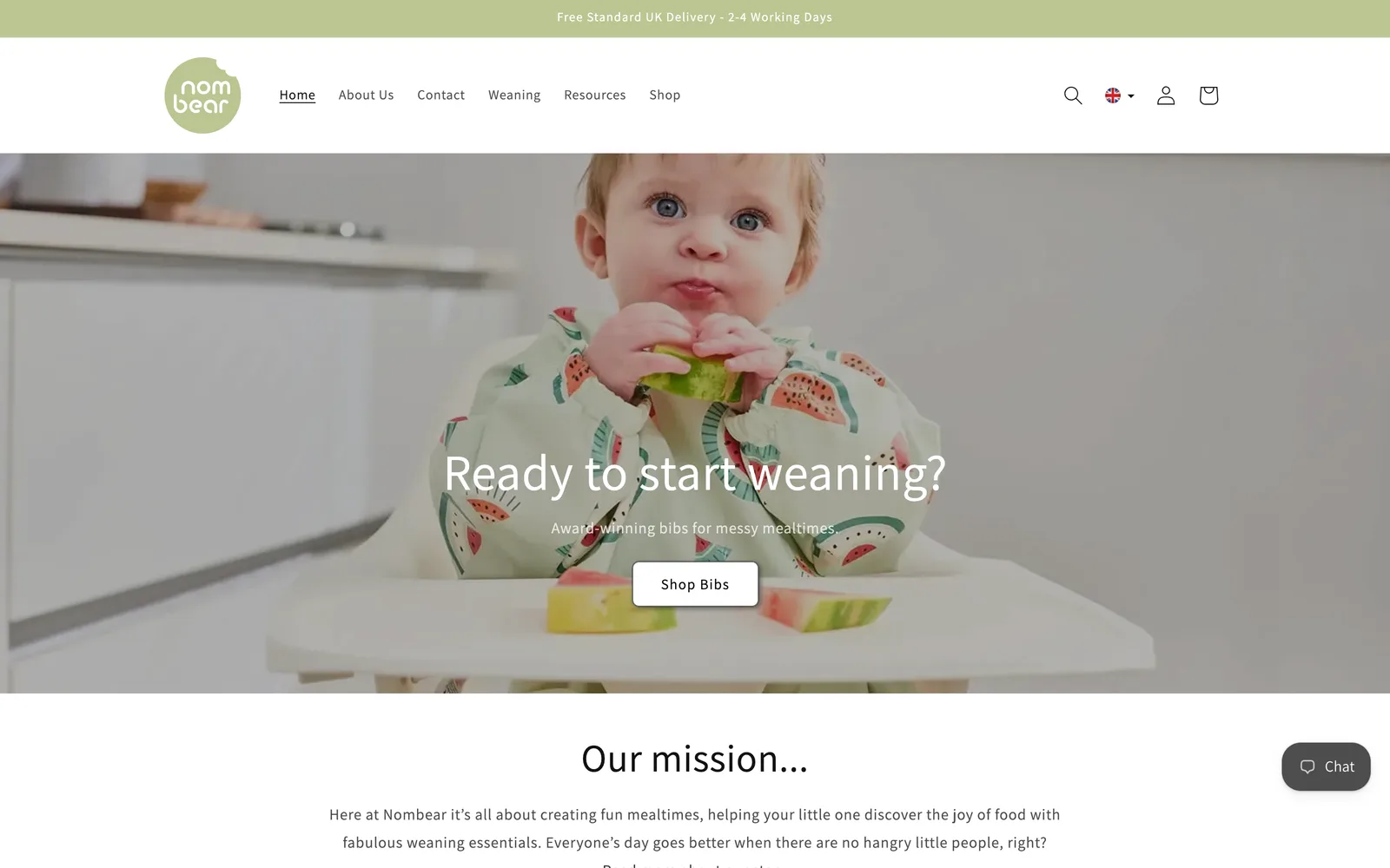 Nombear website on desktop: a baby eating watermelon above the headline “Ready to start weaning?”