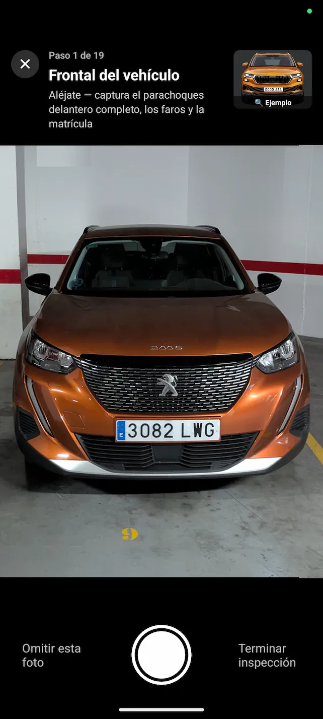 App de Rental Car Proof: captura guiada de la parte delantera de un coche, paso 1 de 19