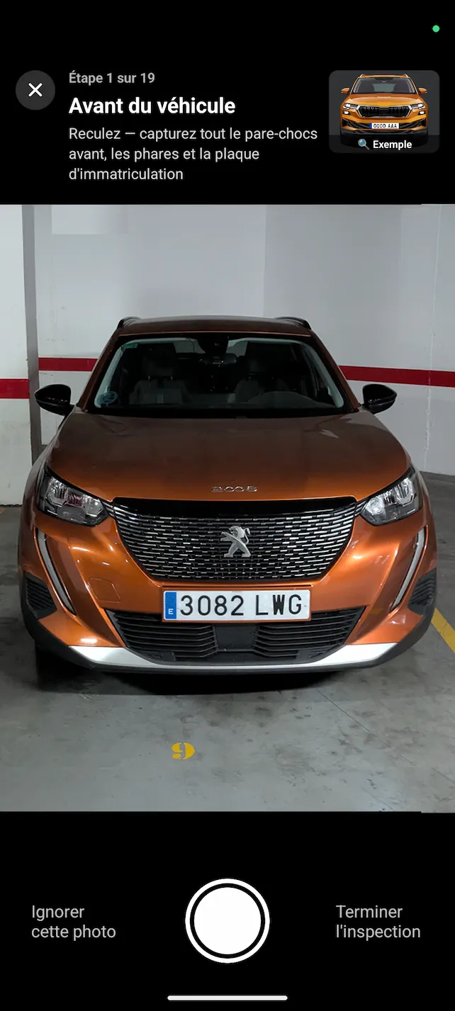 Application Rental Car Proof : prise de photo guidée de l'avant d'un véhicule, étape 1 sur 19