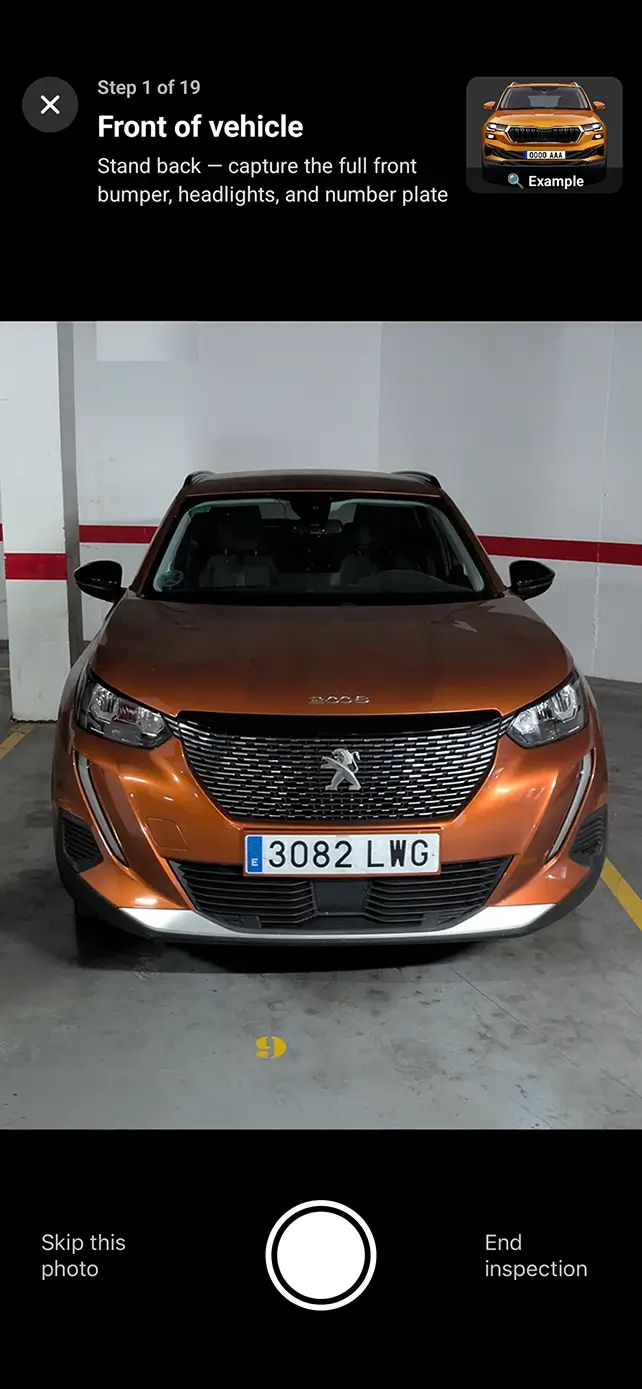 Rental Car Proof app: guided photo capture of the front of a car, step 1 of 19