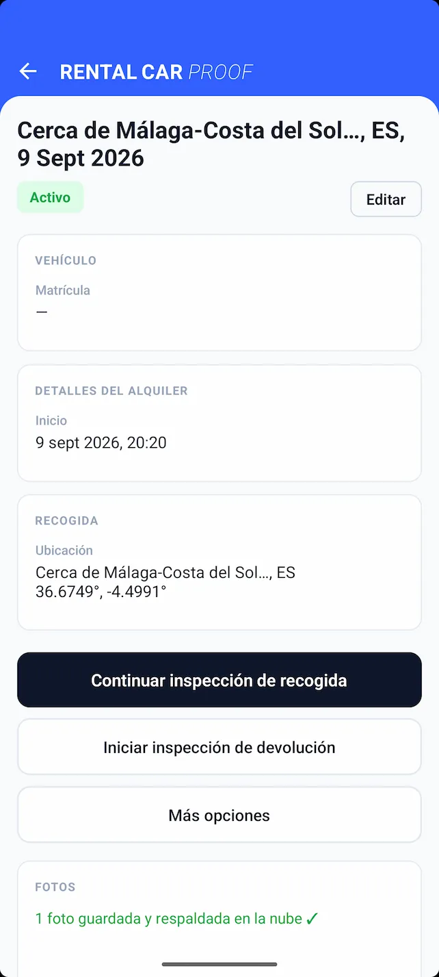 App de Rental Car Proof: datos del alquiler con opciones para continuar la inspección de recogida o iniciar la de devolución