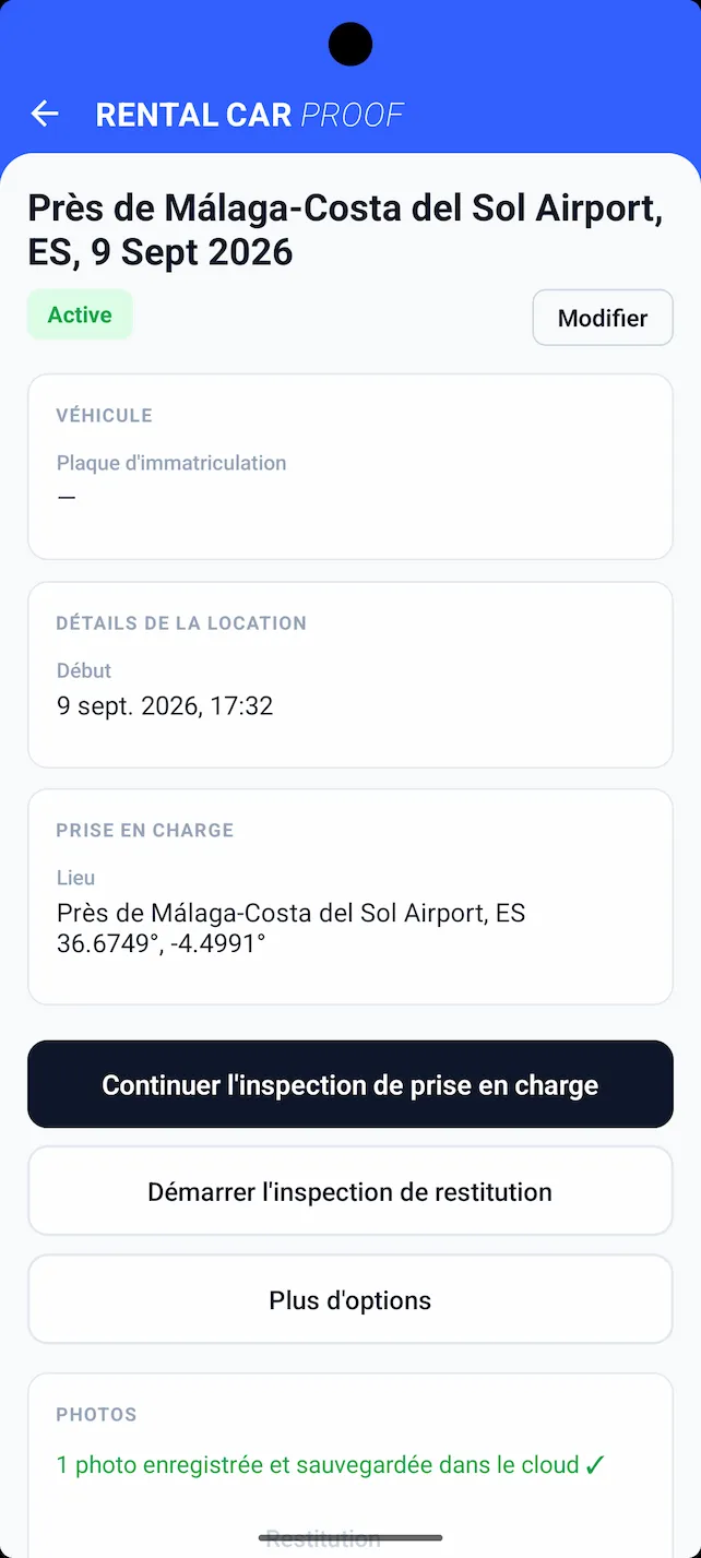 Application Rental Car Proof : détails de la location avec les options pour poursuivre l'état des lieux de départ ou démarrer celui de retour